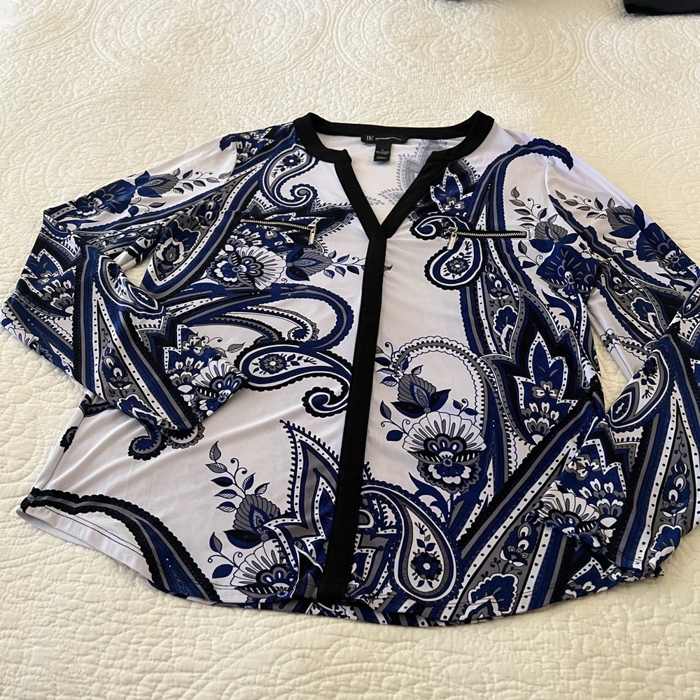 INC International Concepts Black, Gray and Royal Blue Paisley Blouse